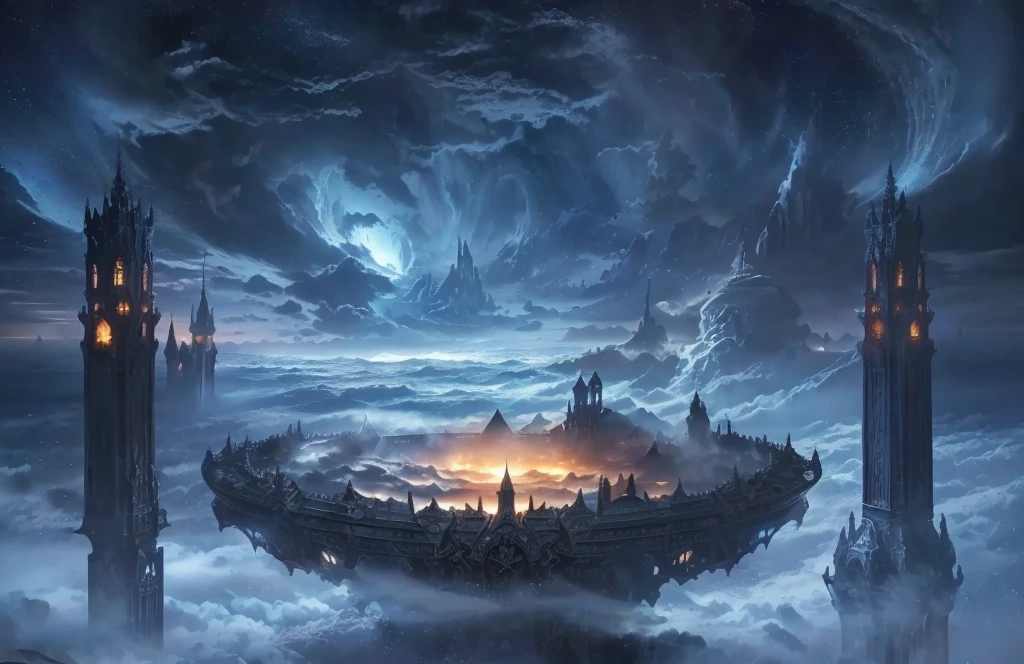 Fantasy atmosphere,There is a disk in the sea of clouds,Dark Gothic style,Clean background,Remove some smoke