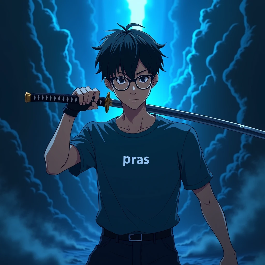Create a character anime, {{background: text: “GLBK”, darkness vulcano blue}},
realistic, HDR, use glasses, handsome, korean style, full body, use katana, age 20, shirt text: “PRAS”