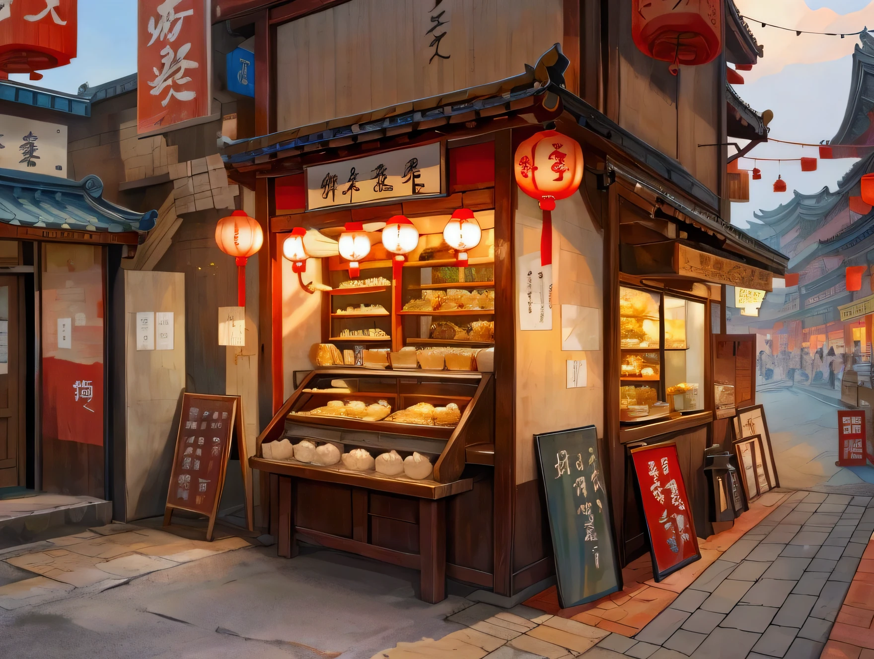 Ancient China，Bustling streets，There are steamed bun shops on both sides of the street，Restaurant，Inn