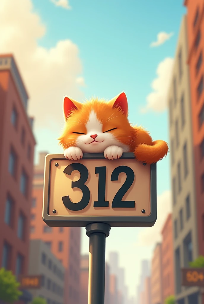 A super cute cat lying on a sign that says 312，Smiling mouth
