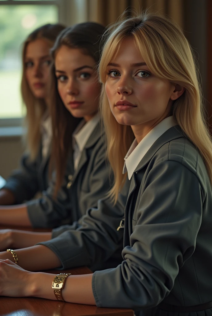(ultra-detailed, photorealistic, best quality, 4k, 8k, highres, masterpiece:1.3), (((3 sexy female agers))), ((Cameron Diaz)), ((Nicole Kidman)), ((Charlize Theron)), ((wearing school uniform in a private school in the UK)), (intricate detail, super finely detailed hands, ultra finely detailed fingers, full body showcase, show full body).