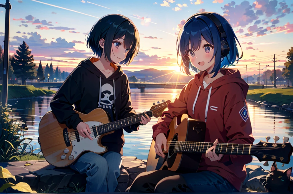Absurd, High resolution,
relax time, Fantastical light particles, Lens flare,A big smile、Blue Hair、(Red headphones:1.4)、(White hoodie:1.2)、One girl、Sitting and playing guitar、(Wide angle of view:1.2)、(Shooting from a distance:1.2)、The river bank where the setting sun shines、A black cat next to a girl、