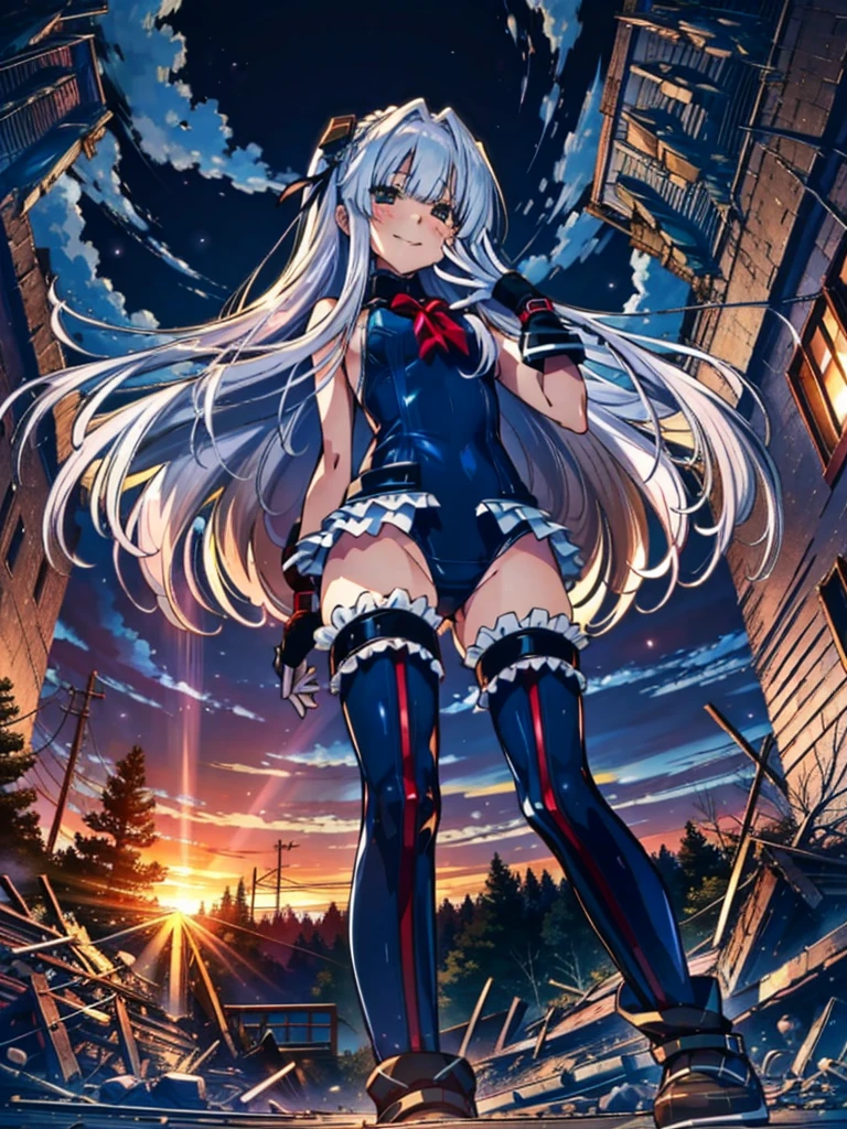 4K、Perfect Anatomy、Highest quality、rose、Wicked Smile、Provocative attitude
、(Two girls greet dawn on a pile of rubble:1.1)、Wicked Smile、Anime Style、(White ruffled swimsuit、Knee socks、Sleeveless)、(Anime Style:1.4)、
Silver Hair、(White fingers:1.1、Black gloves)、Very long hair、Evil Aura、(From below:1.4)、
Hollow Eyes、whole body