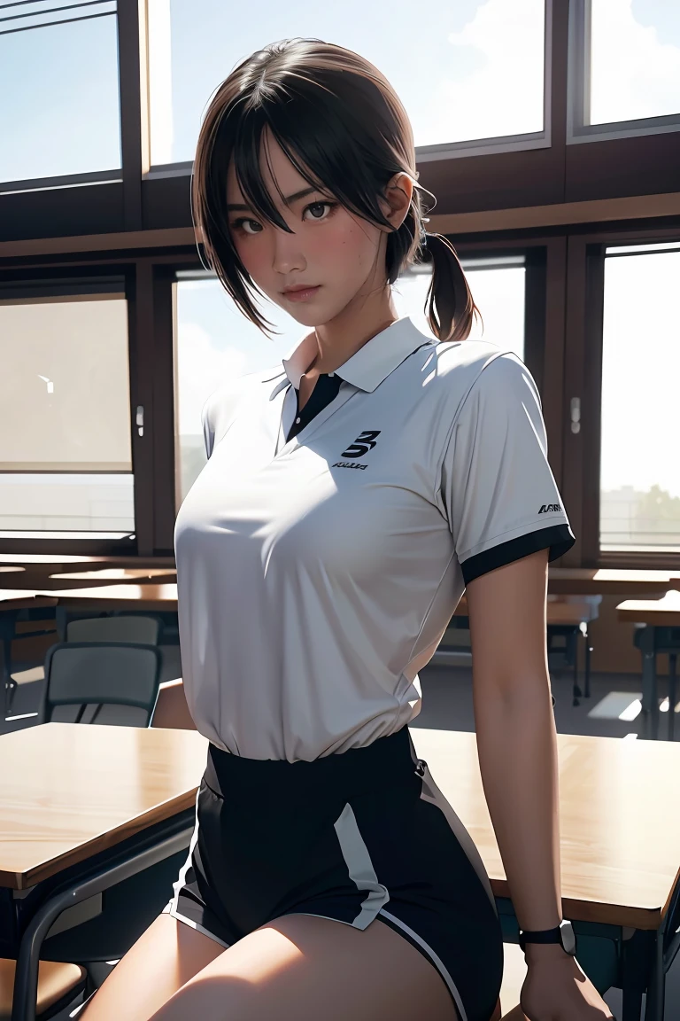 1 girl, ภาพช็อตของ re4ashley, About sports, black , white shirt, classroom, Volumetric light, best quality, Masterpiece, complicated details, Tone mapping, Sharp focus, There are too many details., Trending on artstation, realistic, 