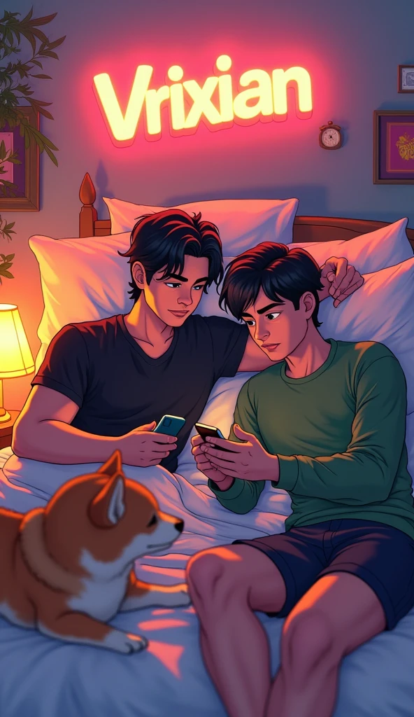3d art, A stylized bouncy font above that says "VRIXIAN", two teenage guy in bed one wearing black shirt, hair is black,the black t shirt guy is body built, one is wearing green long sleeve, they both looking at the phone having live stream, besides them has Shiba Inu, dynamic bedroom in a morning, 