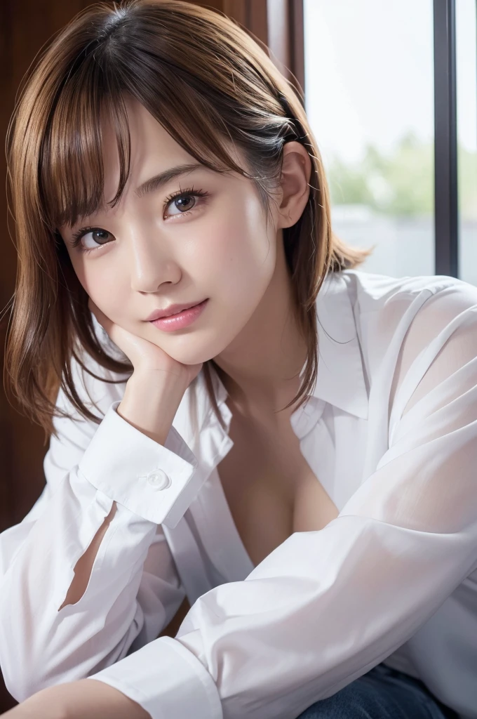 (best quality, 4K, 8k, highres, masterpiece:1.2), ultra-detailed, (realistic, photorealistic, photo-realistic:1.37), hyper detailed, extremely detailed, intricate details, sharp focus, physically-based rendering, professional, vivid colors, studio lighting、Japanese High School Girl、coy smile、Natural Makeup、(blond)、middlehair、Inward curl、White shirt、Open shirt、Emphasize cleavage、side boob、under boob、flat breasts、thick lips