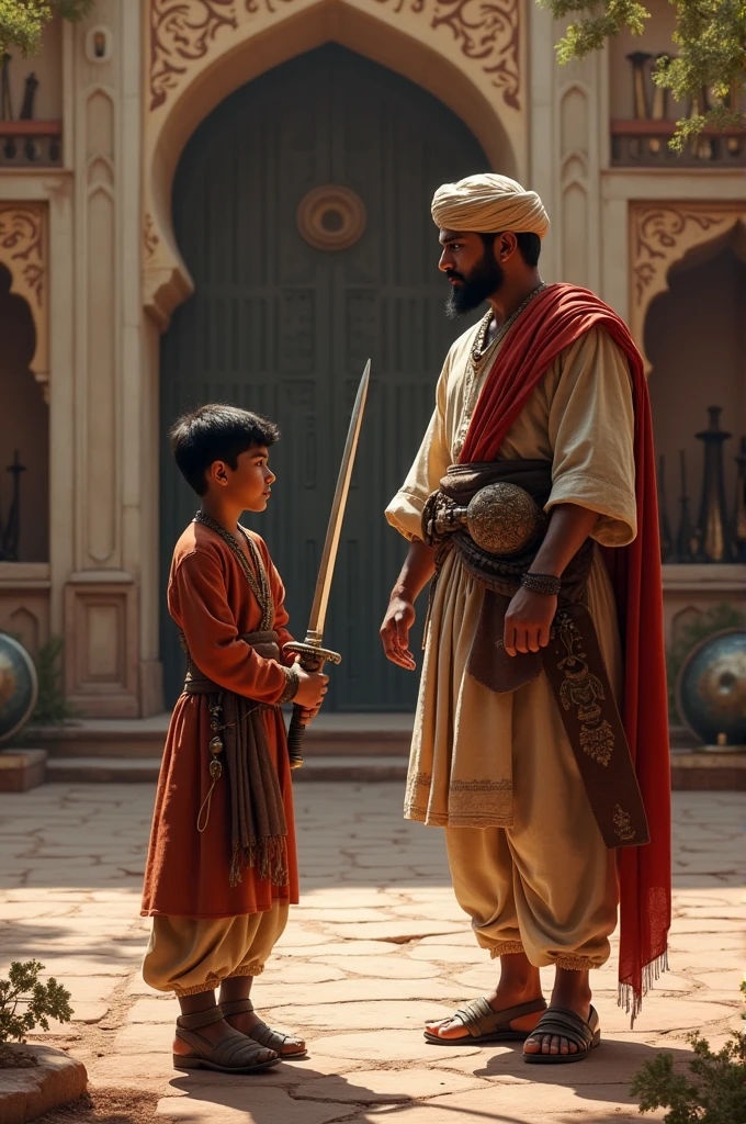 A scene showing a young Tipu Sultan training with his father, Haider Ali. Tipu, as a boy, is holding a sword, while Haider Ali instructs him with a firm yet proud expression. The setting is a traditional Mughal-style courtyard with historical weapons like swords and shields displayed.