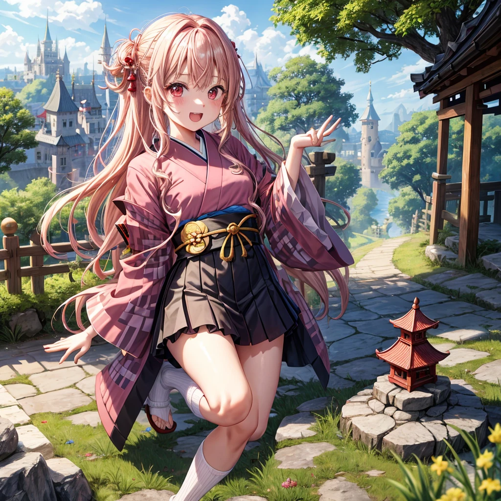 Pink Blonde、Red eyes、Wavy Hair、Hair tied up、Two cute、Checked mini skirt、black t-shirts、kimono、Frills、Knee-high socks、Teeth are visible、Monster Castle、Tilting face、grass、Stones are growing out of the ground.、In front of the city gates、Underground tunnels、Wooden bridge、The stone is cracked、Ashura Statue、Giant wood、Round