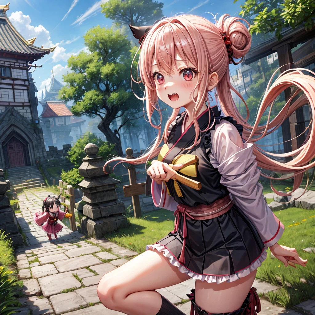 Pink Blonde、Red eyes、Wavy Hair、Hair tied up、Two cute、Checked mini skirt、black t-shirts、kimono、Frills、Knee-high socks、Teeth are visible、Monster Castle、Tilting face、grass、Stones are growing out of the ground.、In front of the city gates、Underground tunnels、Wooden bridge、The stone is cracked、Ashura Statue、Giant wood、Round