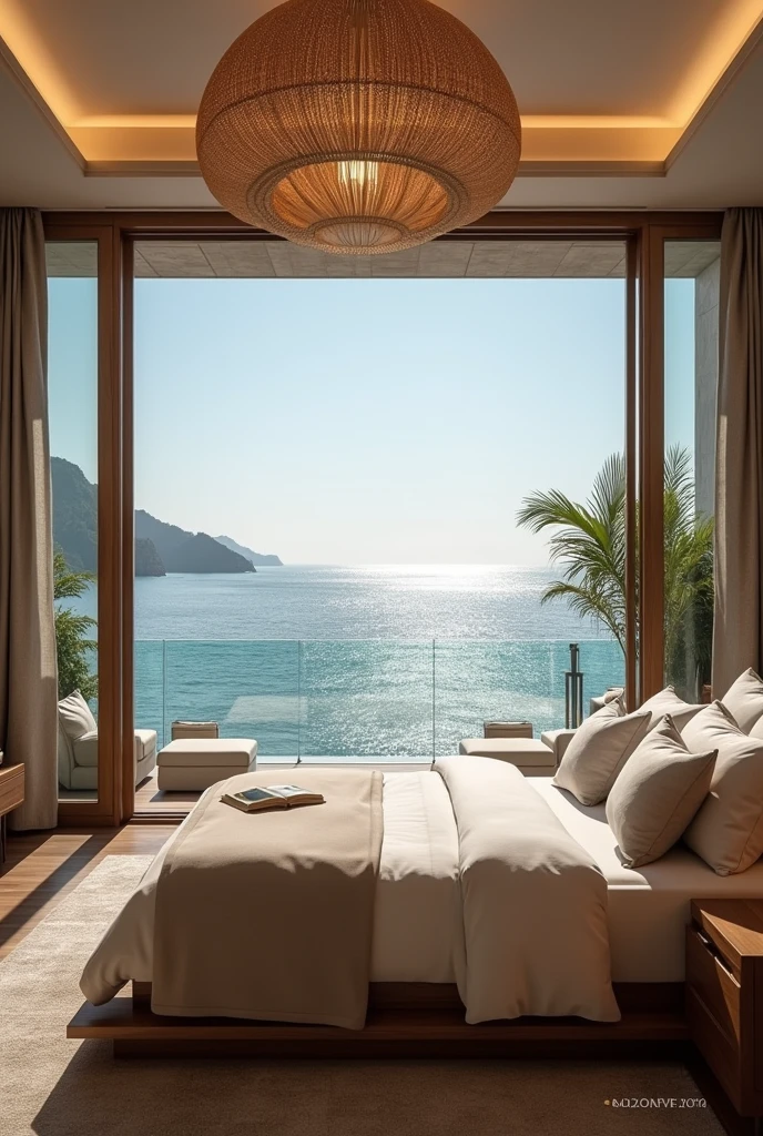 Please help me draw a bedroom of a 4 star resort with a sea view.