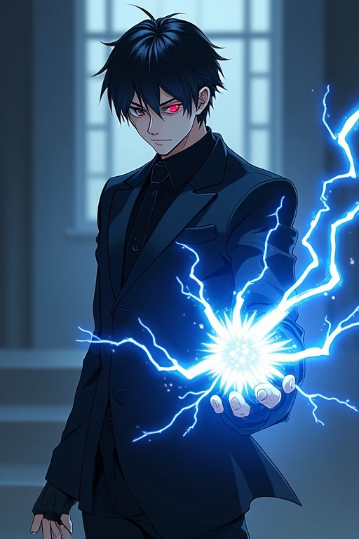 Black Hair,Black suit,male,Anime Style,Red Eye,He has a blue electric special move coming out of one hand.