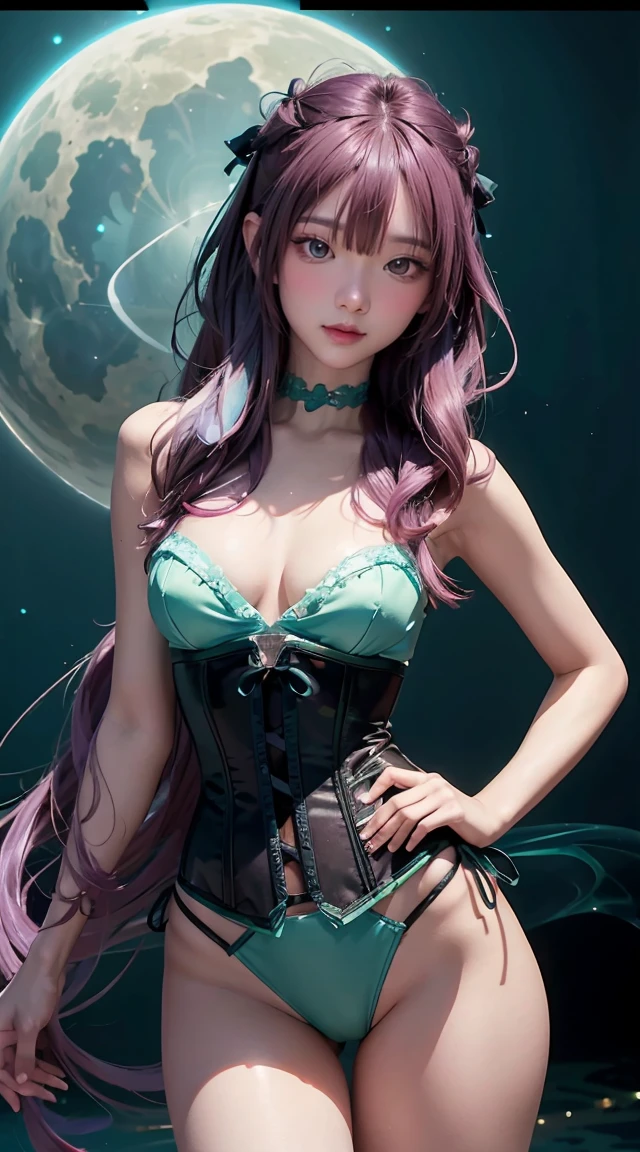 Masterpiece, best quality, 1 girl, with long, flowing, sparkling purple hair, light blue, And green, wearing a chic, dark red corset with a thong revealing the lower abdomen, standing in a striking pose with one hand on her hip, and the other holding a glowing light., magical crystal ball. in the background, swirling currents of light and energy enhance the mysterious and captivating atmosphere of the scene. I glow, colorful hair