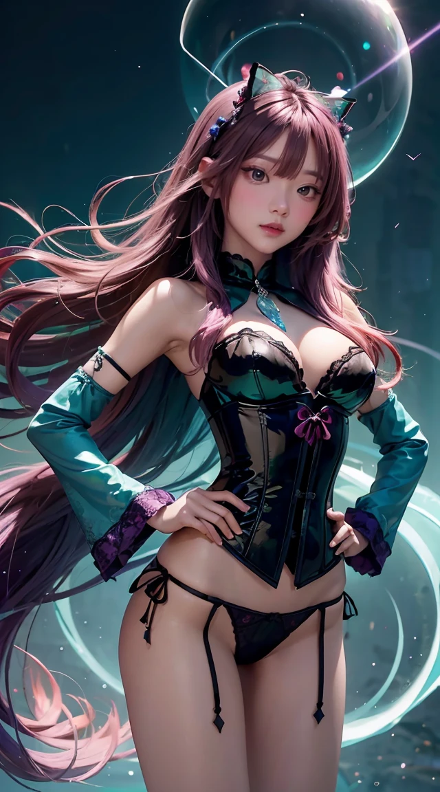 Masterpiece, best quality, 1 girl, with long, flowing, sparkling purple hair, light blue, And green, wearing a chic, dark red corset with a thong revealing the lower abdomen, standing in a striking pose with one hand on her hip, and the other holding a glowing light., magical crystal ball. in the background, swirling currents of light and energy enhance the mysterious and captivating atmosphere of the scene. I glow, colorful hair