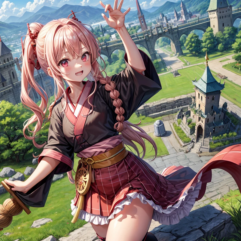Pink Blonde、Red eyes、Wavy Hair、Hair tied up、Two cute、Checked mini skirt、black t-shirts、kimono、Frills、Knee-high socks、Teeth are visible、Monster Castle、Tilting face、grass、Stones are growing out of the ground.、In front of the city gates、Underground tunnels、Wooden bridge、The stone is cracked、Ashura Statue、Giant wood、Round、There's a hole in the ground
