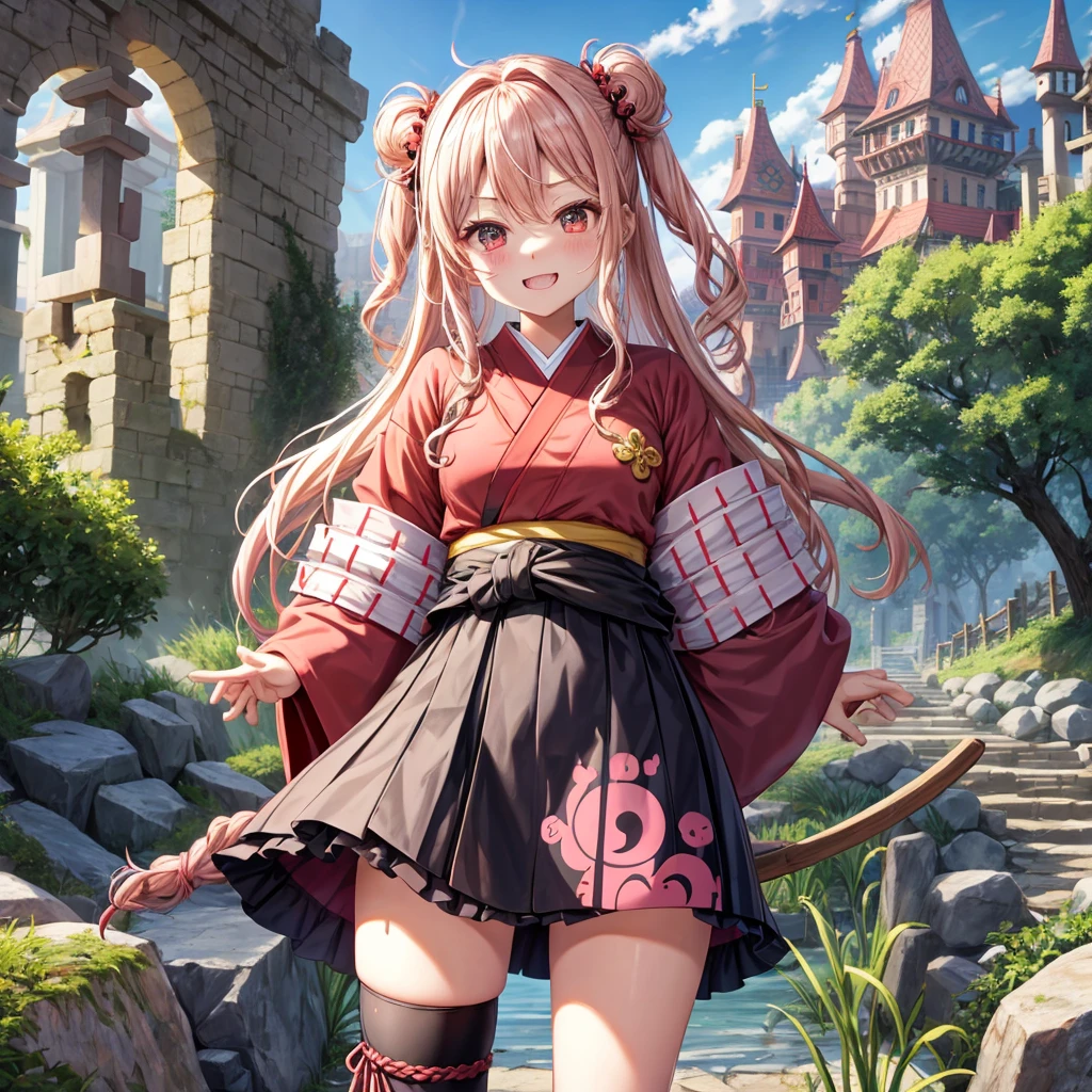 Pink Blonde、Red eyes、Wavy Hair、Hair tied up、Two cute、Checked mini skirt、black t-shirts、kimono、Frills、Knee-high socks、Teeth are visible、Monster Castle、Tilting face、grass、Stones are growing out of the ground.、In front of the city gates、Underground tunnels、Wooden bridge、The stone is cracked、Ashura Statue、Giant wood、Round、There&#39;s a hole in the ground
