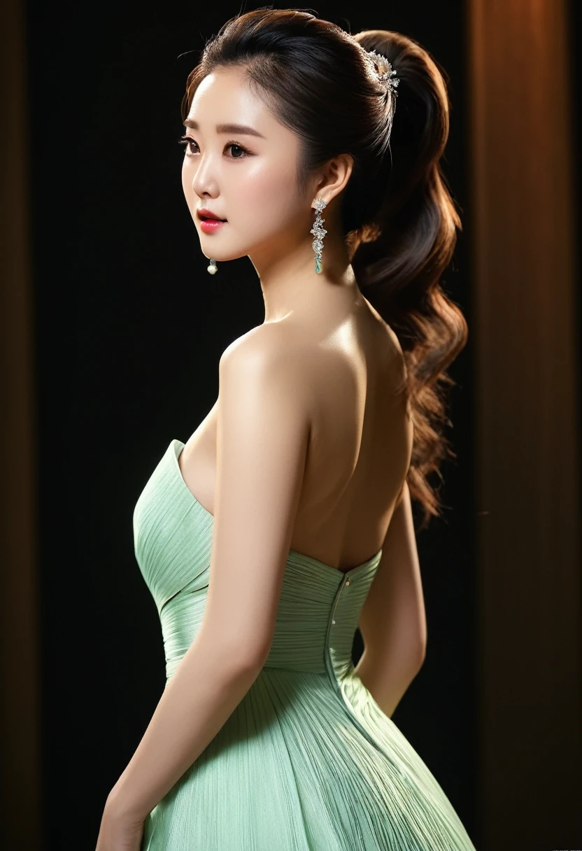 ((Highest quality, 8k, masterpiece: 1.3)), sharp: 1.2, Perfect Body Beauty: 1.4,From the top side, Focus on the neck, Highest quality, Beautiful female curves from ear to neck, close, Updo, Fascinating lighting、dress、Asian Woman、Beautiful nose、Eyes that seem to be sucked in、Long Hair、Girl looking back