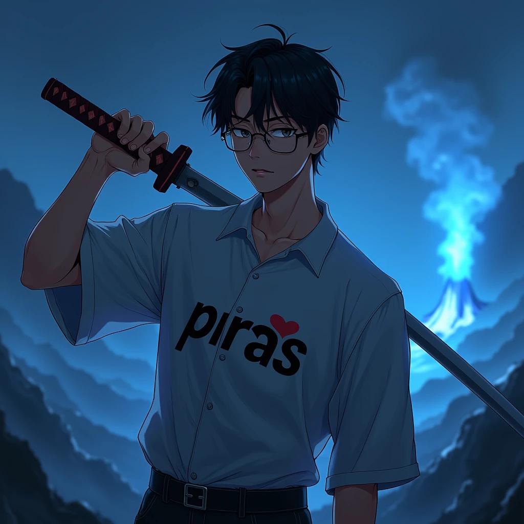 Create a character anime, {{background: text: “GLBK”, darkness vulcano blue}},
realistic, HDR, use glasses, handsome, korean style, full body, use katana, age 20, shirt HD text: “PRAS”
