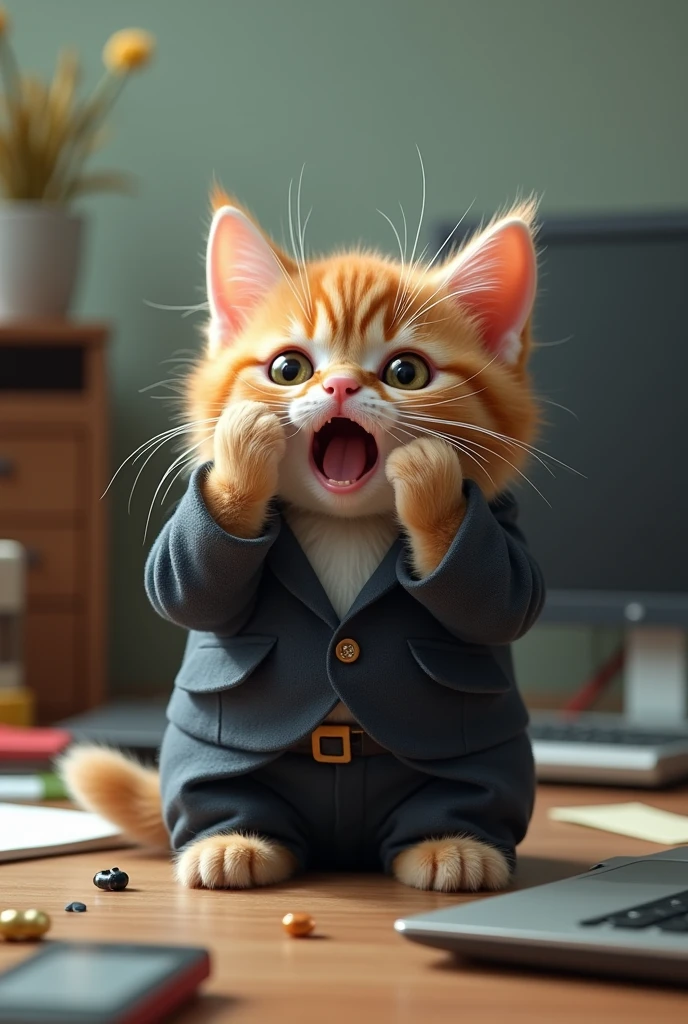 "A cute kitten AI cat、Wearing an ill-fitting, oversized suit。Holding her head in her small hands、Shouting with their mouth wide open。Big eyes with tears、The expression is full of stress。In the background is an office desk、Everything seems so big compared to the size of the cat.。Scattered stationery and toys、I see a kitten-sized laptop。The overall atmosphere is one of contrast between cuteness and stress.。"