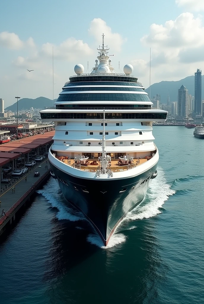 A cruise ship named MS Johann size of the harmony of the seas docking at Manila port with a black hull