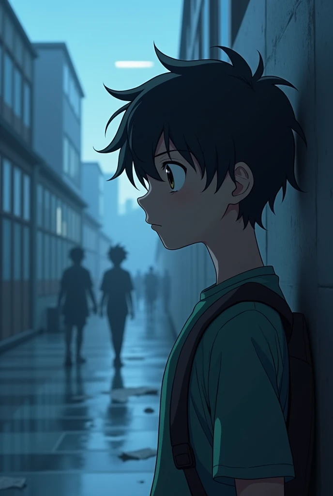 has short, messy black hair that tends to fall over his sharp, dark brown eyes, thoughtful look. His skin is fair, and he's of average height for 12 yrs old, with a lean build that suggests a mix of athleticism and the awkwardness of adolescence, anime style, school atmosphere,blue palette, full body look, long distant shot school environment, side view, main character, tense situation,