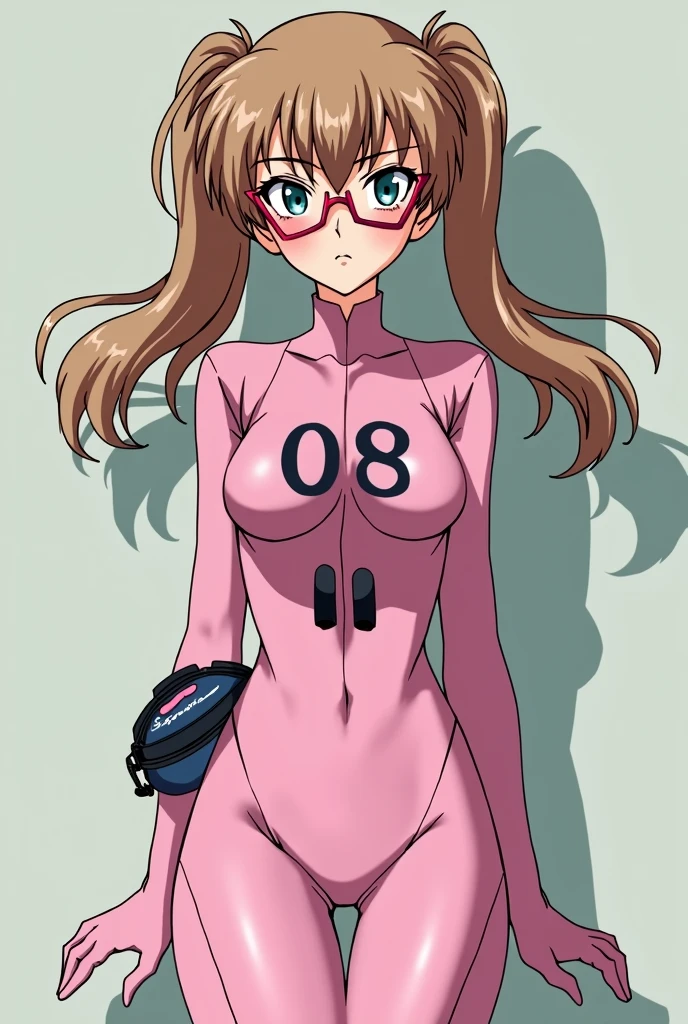 evangelion, Mari Makinami, blue eyes, light brown hair, Two long pigtails, red glasses with sharp edges and no upper frame, bag sigerente, shy look, flushed, whole body, pink and body-hugging entryplug, teenage body, letters 08 in black between the breasts, 