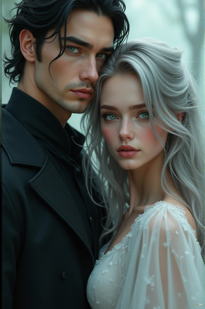 Girl with greenish purple eyes silver long wavey hair with a tall handsome guy 
