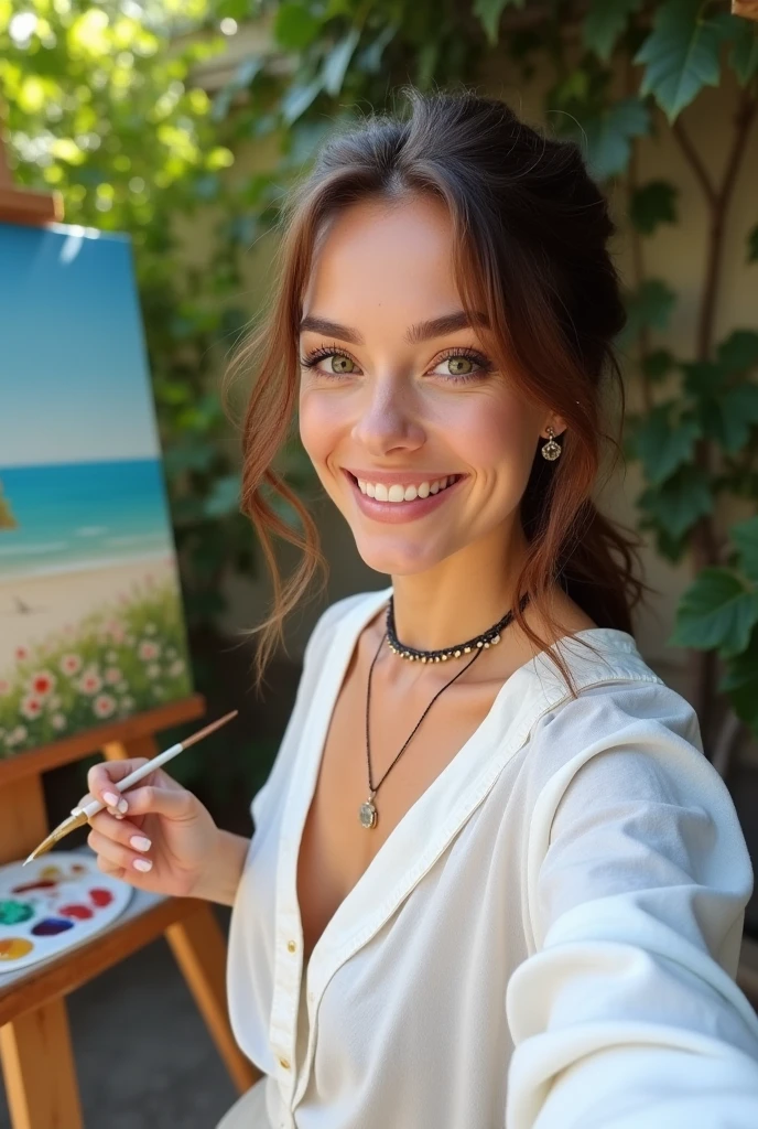 Arafed Femme portant un débardeur blanc et un collier, Fille sexy aux yeux verts, Portrait Sophie Mudd, cheveux bruns et grands yeux, selfie d'une jeune femme.
Peint une toile sur son chevalet dans un coin de son jardin. Elle porte un débardeur blanc tacheté de peinture et un pantalon de toile, parfaits pour laisser libre cours à sa créativité. Ses cheveux bruns sont noués en une queue de cheval lâche pour ne pas gêner son travail. Sans maquillage, ses yeux verts sont concentrés sur les détails de son œuvre. En prenant un selfie, elle tient un pinceau dans une main, avec sa toile partiellement peinte et une palette de couleurs en arrière-plan. Son sourire est satisfait et inspiré, capturant la créativité et l’expression personnelle dans un cadre naturel.