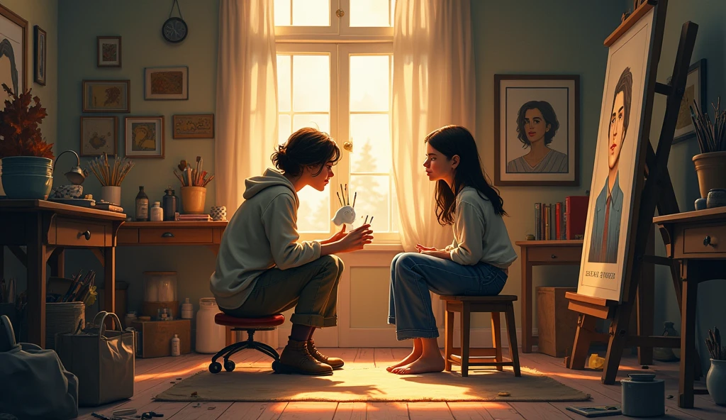 Background: The studio’s interior, now focused on the easel with Mira’s portrait in progress. The room remains warm and softly lit, with the afternoon light casting subtle highlights on the canvas. Various art supplies are scattered around, adding to the authentic artist's workspace feel
Style: Soft, detailed illustrative style, highlighting the contrast between Leena's tiredness and Mira’s serene presence. Use a warm color scheme to reflect the intimate atmosphere of the studio, with a subtle glow around Mira to emphasize her mysterious aura
Character: Leena is painting, fully concentrated on Mira’s portrait. She sits on a stool, her posture attentive yet slightly slumped from exhaustion. Mira sits calmly, her eyes deep and captivating, almost glowing. The focus is on the connection between Leena’s intense gaze at the canvas and Mira’s steady, enigmatic expression