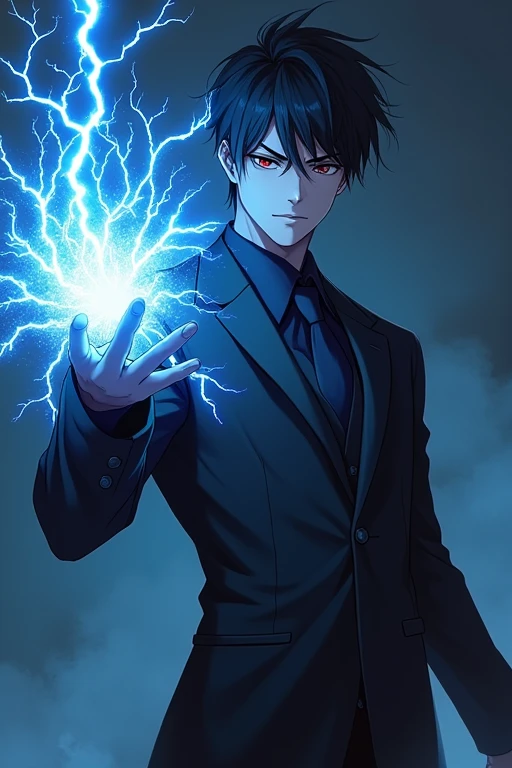 Black Hair,Black suit,male,Anime Style,Red Eye,He has a blue electric special move coming out of one hand.
