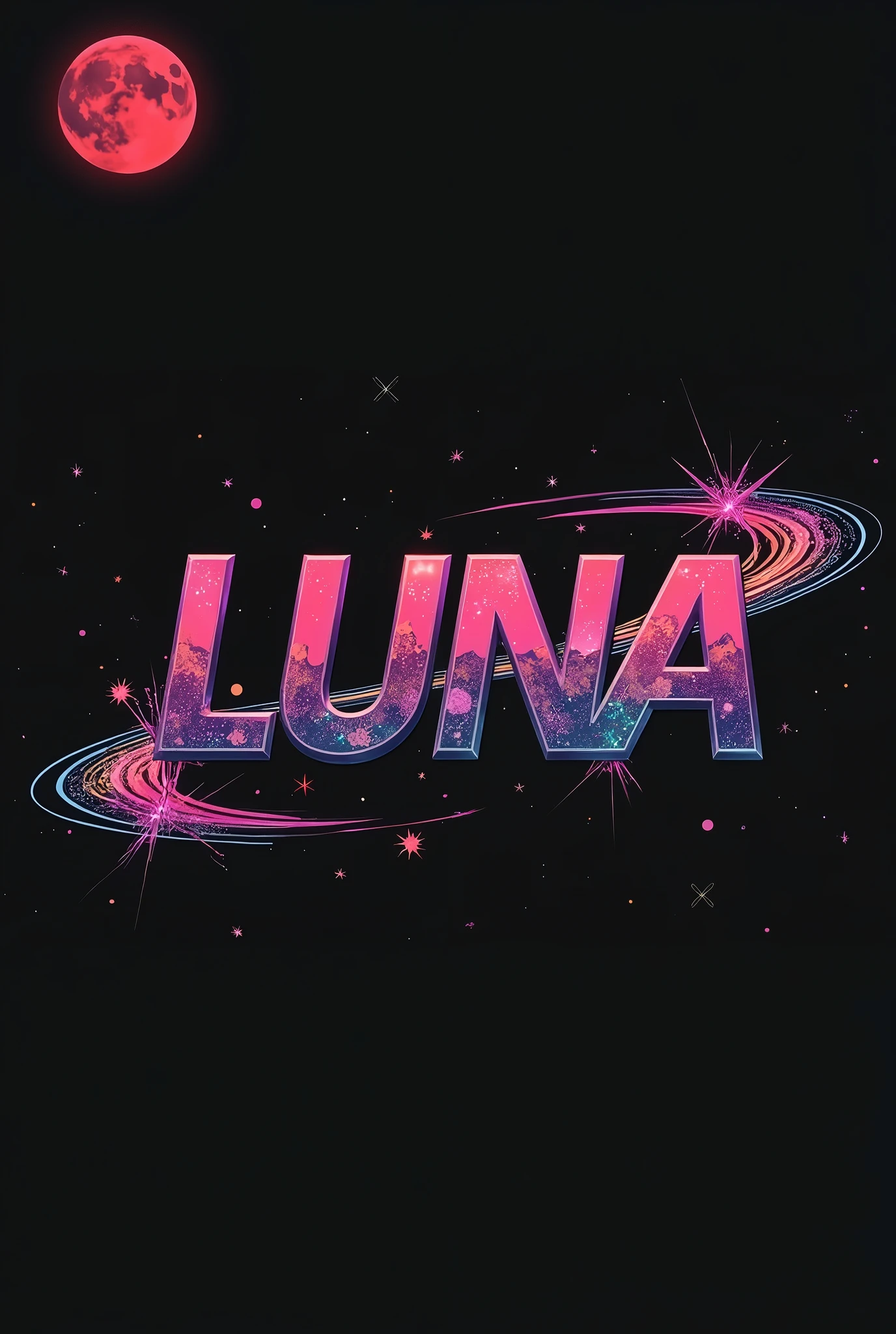 High resolution, logo spelling swiftly “Luna” cool, Jdm theme, anime theme, Cyberpunk vibe name spelling, brand logo, logo for tshirt, brand logo “LUNA”, neon vibes, acid trip vibes, acid trip, shooting stars, acid trip inside “LUNA”, acid trip, hallucinations inside “LUNA”, Waves of hallucinations, splash, waves of futuristic hallucinations, futuristic wave, stars in the background, red strange moon, 