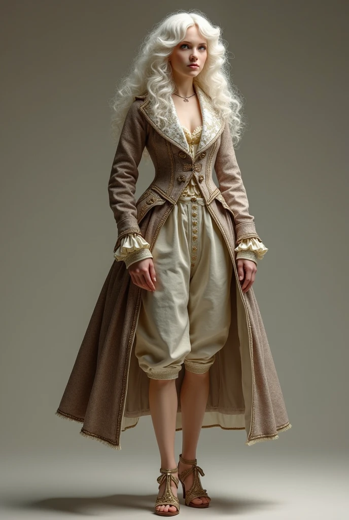 A 1.5 meters tall girl in her 20s wearing: wide knee-lenght breeches, a wide justacorps bove a waistcoat, sandals with wedges and a ribbon on top and a long white curly wig