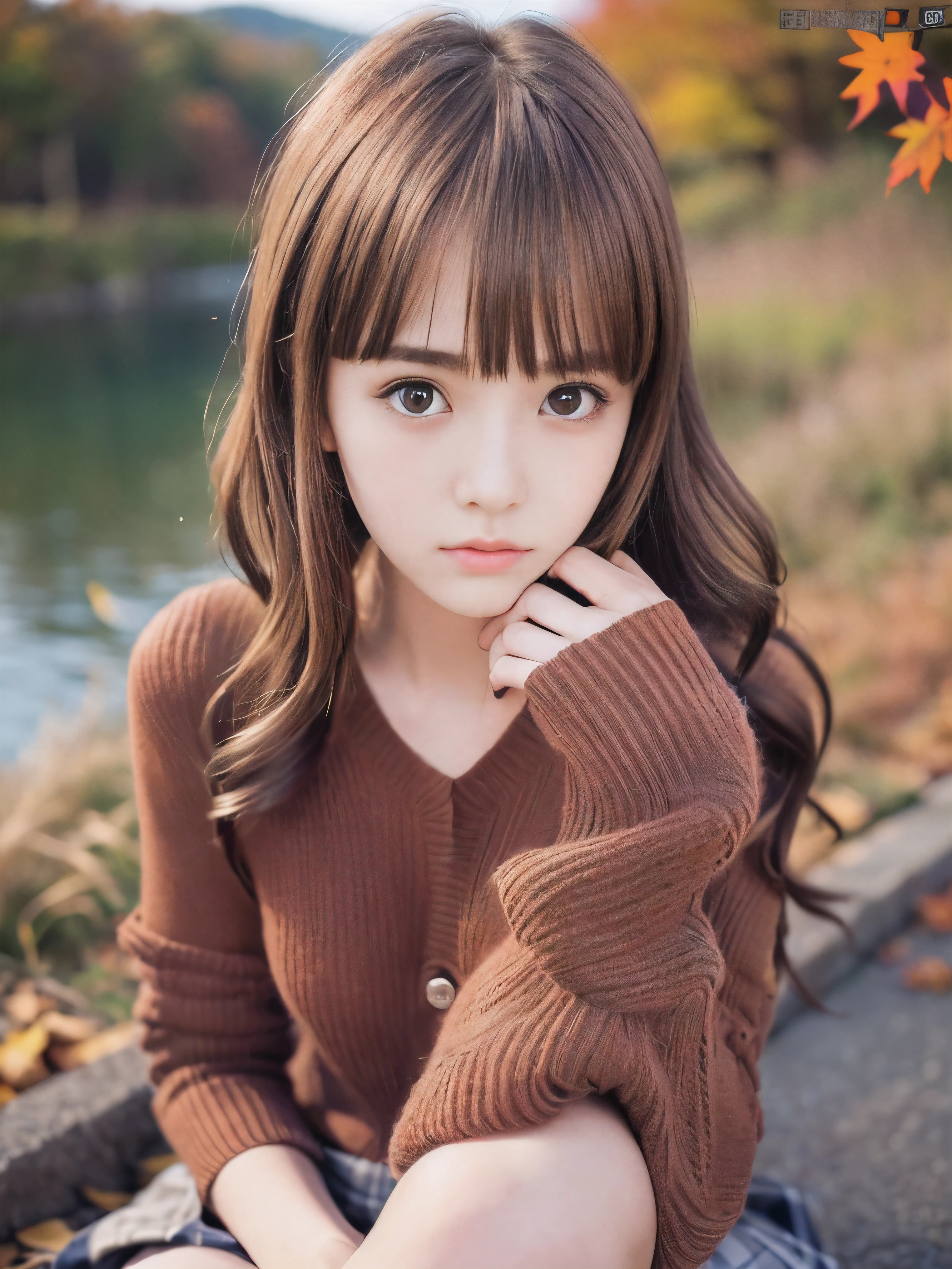 (Close up face shot of one slender small breasts red brown wavy long hair with dull bangs girl in a autumn fashion shirt and sweater and skirt:1.5)、(One girl is looking back with sad face on the dart road near the lake and big waterfall in Japan at sunset time:1.5)、(Beautiful sunset time with autumn red leaves and mountain view:1.5)、(Natural light:1.5)、(8k ultra detailed master piece:1.5)、(perfect anatomy:1.5)、(Photorealistic stick:1.5)、(Raw photo:1.3)、(highest quality:1.5)、(High resolution:1.3)、(Delicate and beautiful perfect face:1.3)、(Delicate and beautiful eye air skin:1.3)、(Real Human Skin:1.3)、((thin legs))