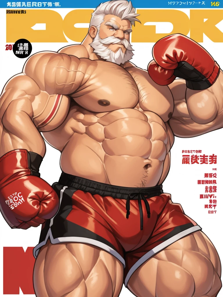 (magazine cover), with text, solo, 1boy, (Huge Muscular Old man as a boxer, wearing boxing gloves , wearing shorts, topless) (short hair, 2tone hair color, two tone hair colors, red and white hair color), pectoral, abnormal muscle size, very big muscle, absurdly muscle size, huge pectoral, wide pectoral, short white hair, short bearded, simple background, masterpiece, high detailed, 8k, high resolution, --style 250, -- v 6.0