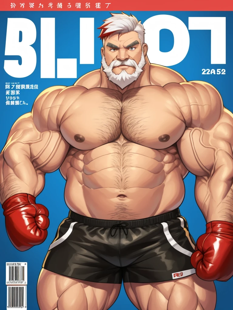 (magazine cover), with text, solo, 1boy, (Huge Muscular Old man as a boxer, wearing boxing gloves , wearing shorts, topless) (short hair, 2tone hair color, two tone hair colors, red and white hair color), pectoral, abnormal muscle size, very big muscle, absurdly muscle size, huge pectoral, wide pectoral, short white hair, short bearded, simple background, masterpiece, high detailed, 8k, high resolution, --style 250, -- v 6.0