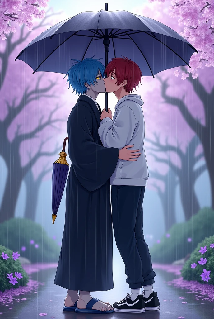 2 men kissing the man on the left is wearing a mofuku his skin is gray his eyes are yellow his hair is blue in his right hand he is holding Karakasa-obake because it is raining the man on the right has light brown skin red hair is wearing a white sweatshirt black pants black and white shoes the 2 are kissing under an umbrella rain while it is raining there are purple flowers around the place and some cherry trees the image has to be in anime