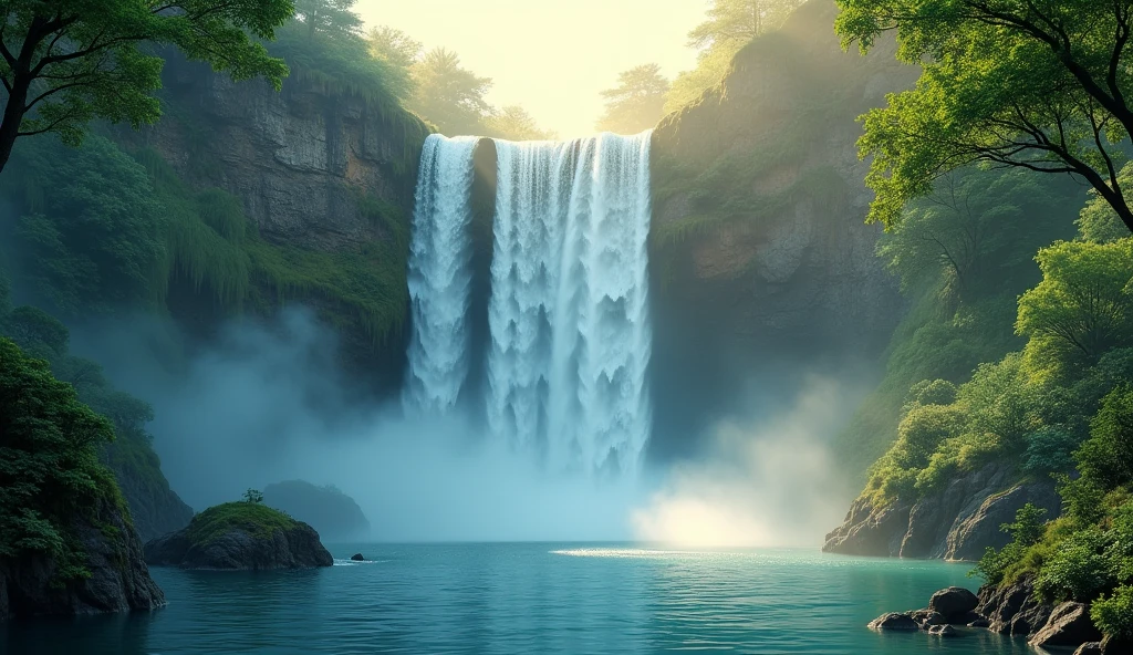 A background image about "lofi music with huge waterfall vibes" that showcases a majestic, towering waterfall cascading down into a tranquil, mist-covered pool. The scene is surrounded by vibrant, lush greenery and towering trees, with soft, warm sunlight filtering through the leaves. The colors are a soothing blend of deep blues, greens, and hints of golden sunlight, creating a peaceful and immersive atmosphere. The overall vibe is chill and serene, designed to appeal to a young audience looking for relaxation and calm.






