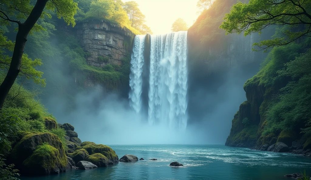 A background image about "lofi music with huge waterfall vibes" that showcases a majestic, towering waterfall cascading down into a tranquil, mist-covered pool. The scene is surrounded by vibrant, lush greenery and towering trees, with soft, warm sunlight filtering through the leaves. The colors are a soothing blend of deep blues, greens, and hints of golden sunlight, creating a peaceful and immersive atmosphere. The overall vibe is chill and serene, designed to appeal to a young audience looking for relaxation and calm.