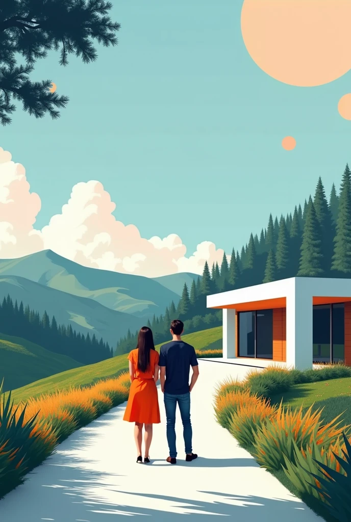 Une affiche publicitaire pour location de maison moderne et vente de terrain.utilise la couleur blanc ,bleu et orange .