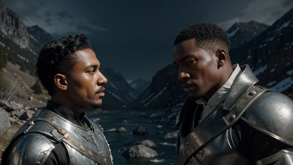 3d human stylized animation very Sharp, a clear view of a 50 year old black king and 50 year old white king with armies surrounded, outside the mountain river show two white and black skin ar old s talking to the old kings