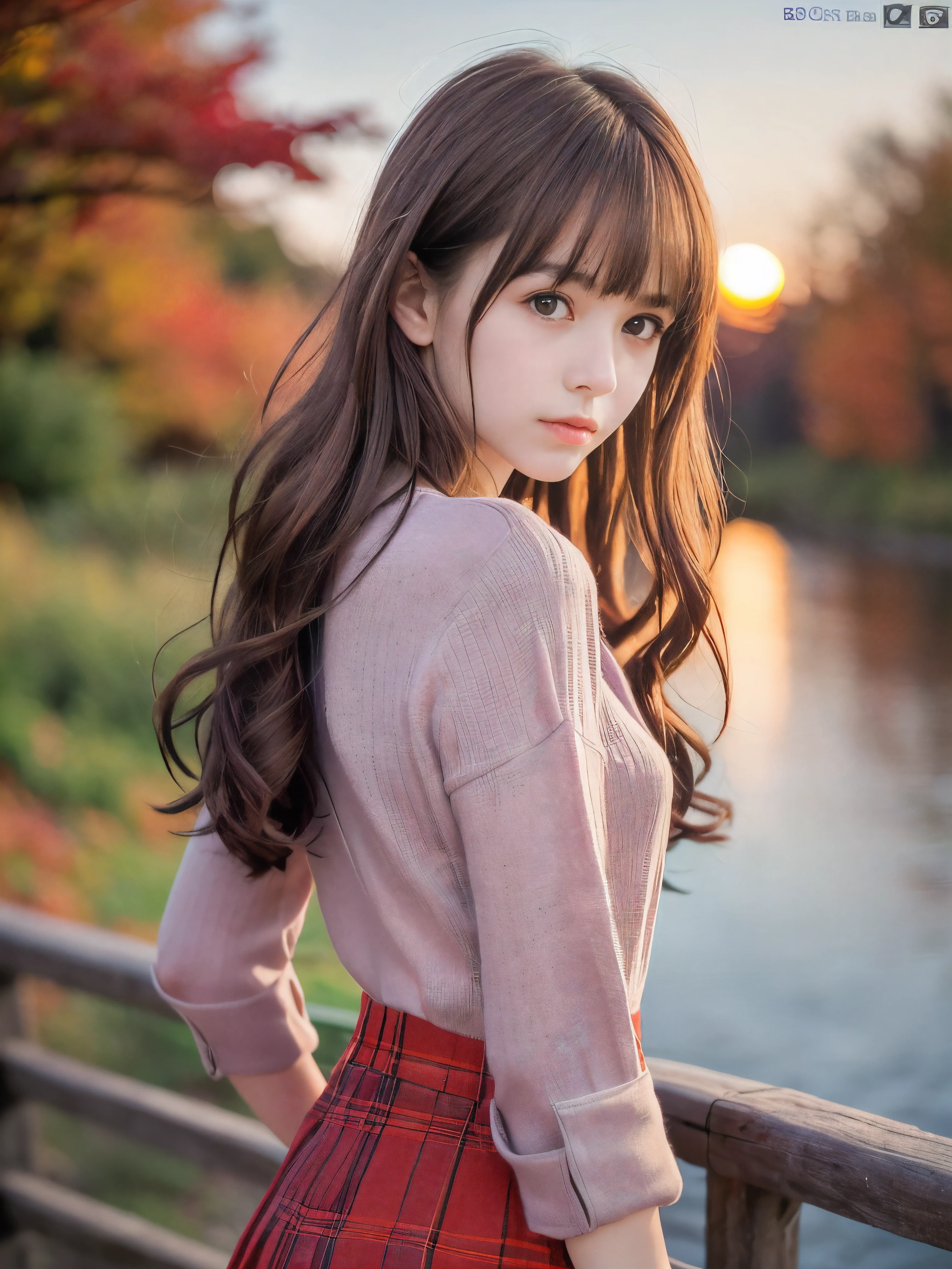 (Close up face shot of one slender small breasts red brown wavy long hair with dull bangs girl in a autumn fashion shirt and sweater and skirt:1.5)、(One girl is looking back with sad face on the dart road near the lake and big waterfall in Japan at sunset time:1.5)、(Beautiful sunset time with autumn red leaves and mountain view:1.5)、(Natural light:1.5)、(8k ultra detailed master piece:1.5)、(perfect anatomy:1.5)、(Photorealistic stick:1.5)、(Raw photo:1.3)、(highest quality:1.5)、(High resolution:1.3)、(Delicate and beautiful perfect face:1.3)、(Delicate and beautiful eye air skin:1.3)、(Real Human Skin:1.3)、((thin legs))