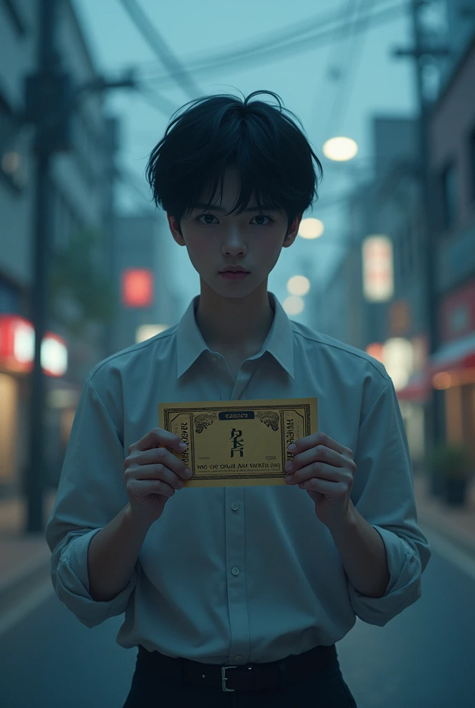 “Create an image in the style of Makoto Shinkai of a person holding a ticket that is valid for one year.”