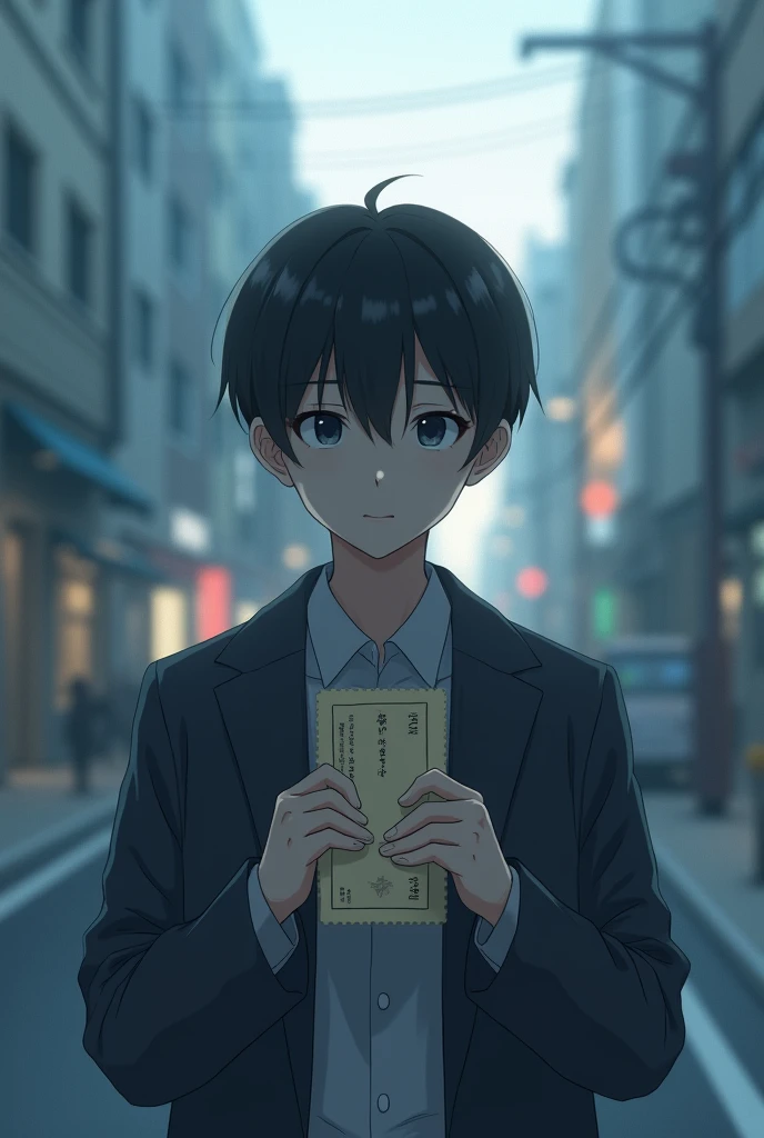 “Create an image in the style of Makoto Shinkai of a person holding a ticket that is valid for one year.”