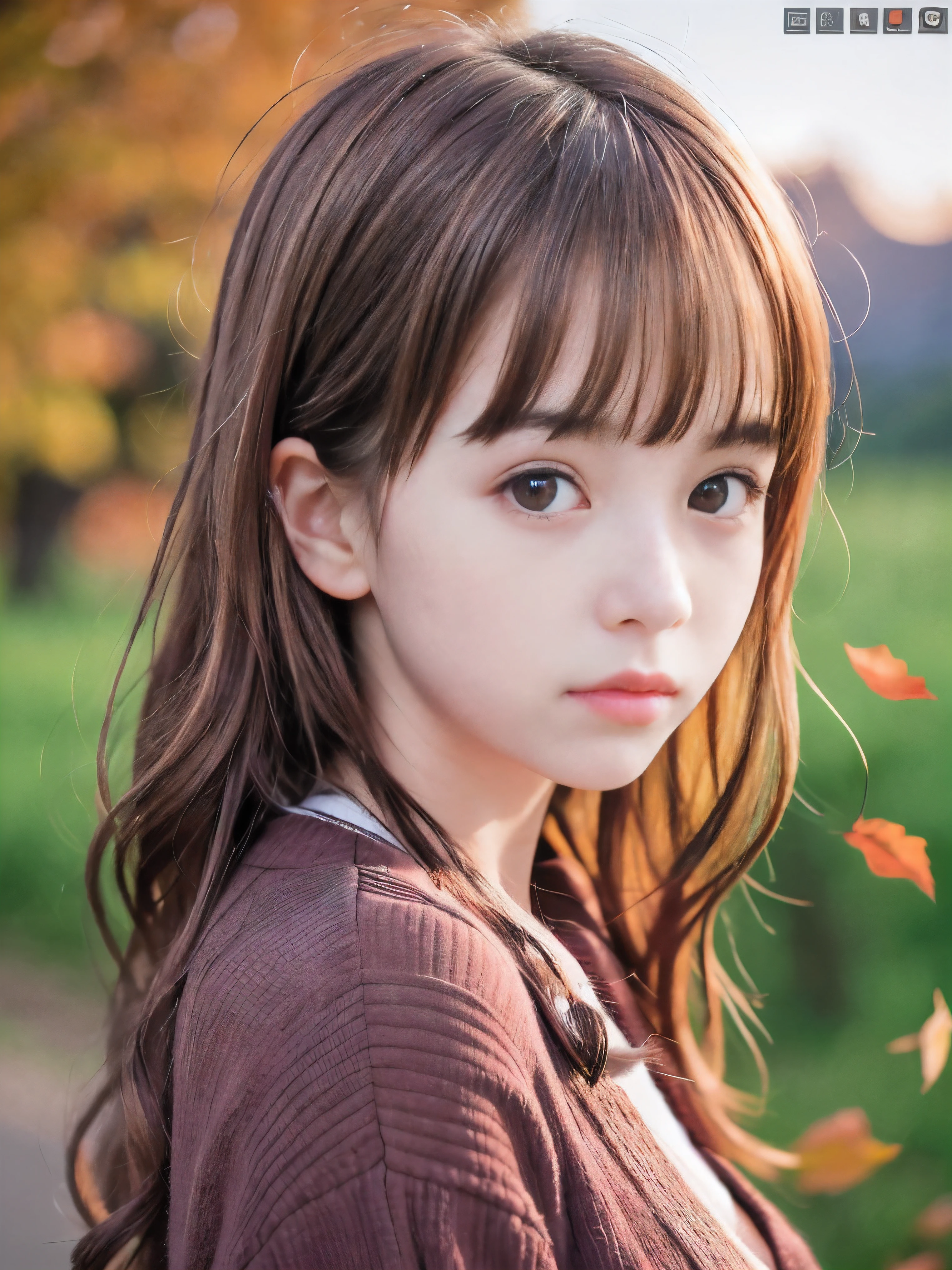 (Close up face shot of one slender small breasts red brown wavy long hair with dull bangs girl in a autumn fashion shirt and sweater and skirt:1.5)、(One girl is looking back with sad face on the dart road near the lake and big waterfall in Japan at sunset time:1.5)、(Beautiful sunset time with autumn red leaves and mountain view:1.5)、(Natural light:1.5)、(8k ultra detailed master piece:1.5)、(perfect anatomy:1.5)、(Photorealistic stick:1.5)、(Raw photo:1.3)、(highest quality:1.5)、(High resolution:1.3)、(Delicate and beautiful perfect face:1.3)、(Delicate and beautiful eye air skin:1.3)、(Real Human Skin:1.3)、((thin legs))