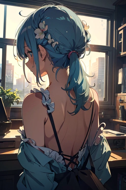 (((Best quality))), ((Ultra-detailed)), ((illustration)), ((Disheveled hair)), ((frilld)), (1 girl), (Solo),
rating:safe,
the_back,
back,