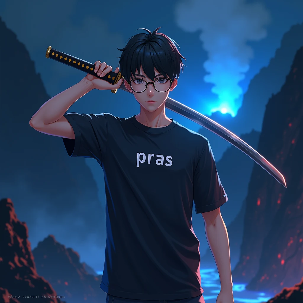 Create a character anime, {{background: text: “GLBK”, darkness vulcano blue}},
realistic, HDR, use glasses, handsome, korean style, full body, use katana, age 20, shirt HD text: “PRAS”
