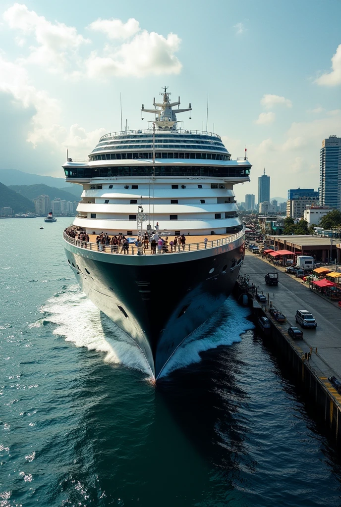 A cruise ship named MS Johann size of the harmony of the seas docking at Manila port with a black hull 