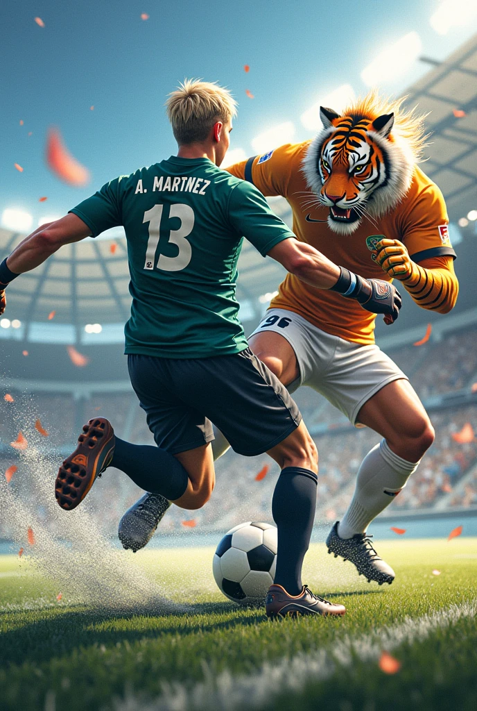 A soccer goalkeeper being the MVP with the number 13 on his back that says A. Martinez Very good, Now he is stopping a ball that is going towards the corner of the goal, being the same person with lighter hair and you can see that he is going towards the ball like in Super Champions. Stopping a shot from the Tiger in the Super Champions series, a little more Japanese., with the tiger shot of the super champions Let's see the goalkeeper's shot of that shot outside the area, with the effects of the breaking wind and the aggressiveness that goes for the ball May it not be a goal, It looks more distant and more Japanese More Japanese and it's a save!