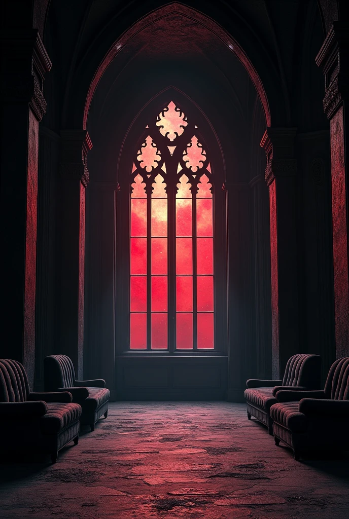 Can you create a huge royal hall?, very wide, very dark with gothic style windows with black curtains, with completely black walls and black furniture in French medieval style, black floor, black carpets, completely black upholstery, with the entry of a faint, very deep red moonlight through the almost opaque red stained glass windows?