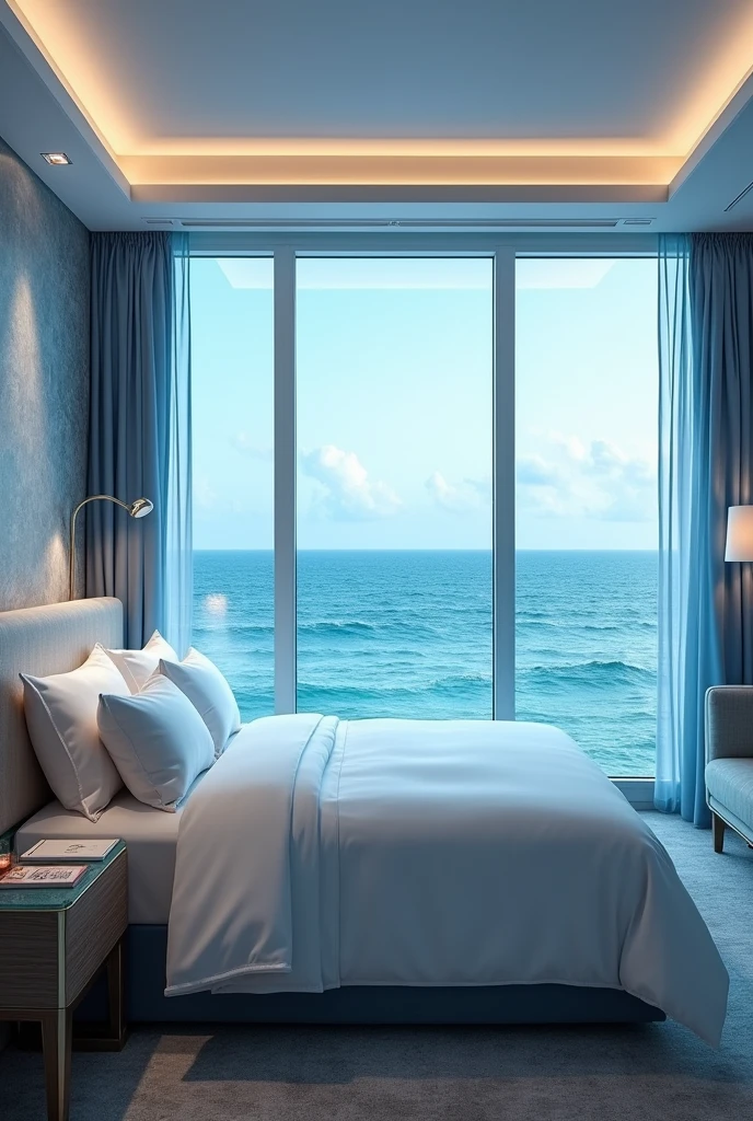 Please help me draw a bedroom of a 4 star resort with a blue tone sea view