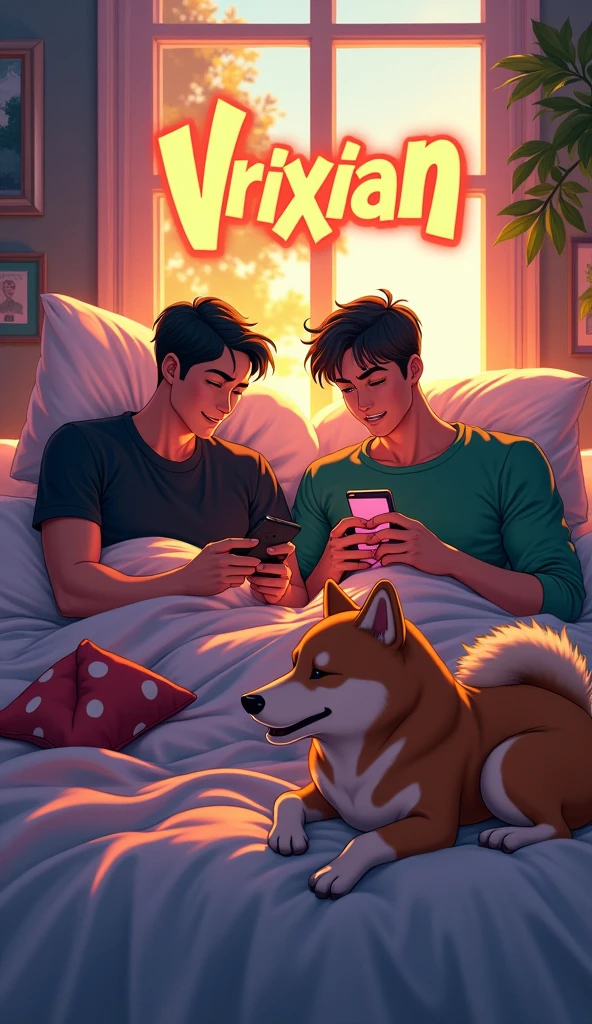 Disney poster art, A stylized bouncy font above that says "VRIXIAN", two age guy in bed, one wearing black shirt, hair is black,the black t shirt guy is body built, the black shirt guy is a short haired, one is wearing green long sleeve, they both looking at the phone having live stream, besides them has Shiba Inu, dynamic bedroom in a morning,